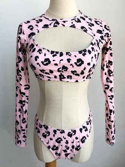 Leopard Long Sleeves Three Pieces Bikinis Swimwear