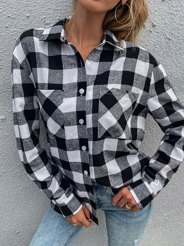 Causal Lapel Buttoned Plaid Long Sleeves Blouses