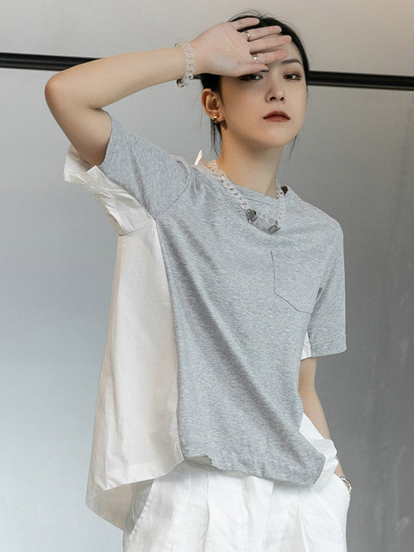 Original Split-Joint Round-Neck High-Low Buttoned T-Shirt