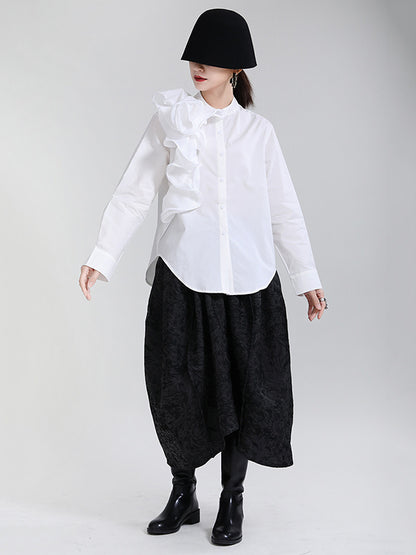 Stylish Falbala Split-Joint Solid Color Buttoned Stand Collar Long Sleeves Blouse