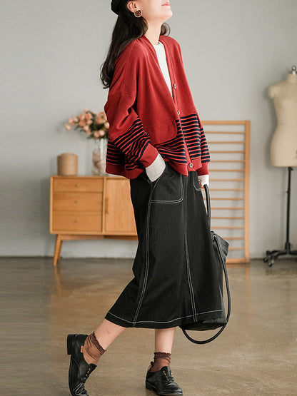 Casual Striped Buttoned V-Neck Batwing Sleeve Outerwear