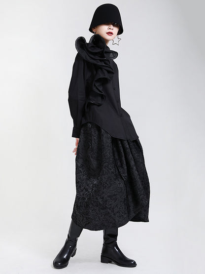 Stylish Falbala Split-Joint Solid Color Buttoned Stand Collar Long Sleeves Blouse