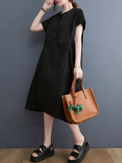 Casual Solid Color Round-Neck With Pocket Midi Dress