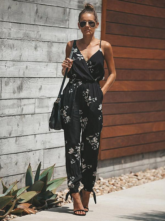 Floral V-neck Suspender Pant