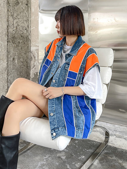 Stylish Split-Joint Striped Lapel Collar Sleeveless Denim Vest Outwear
