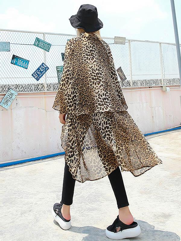 Leopard Chiffon Loose High-low Light Shirt Top