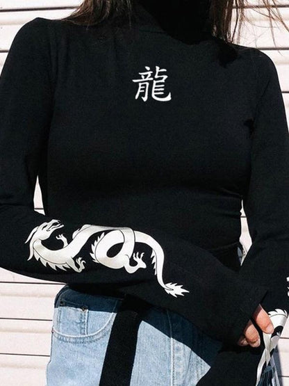 Bare Midriff Dragon Printed T-shirt