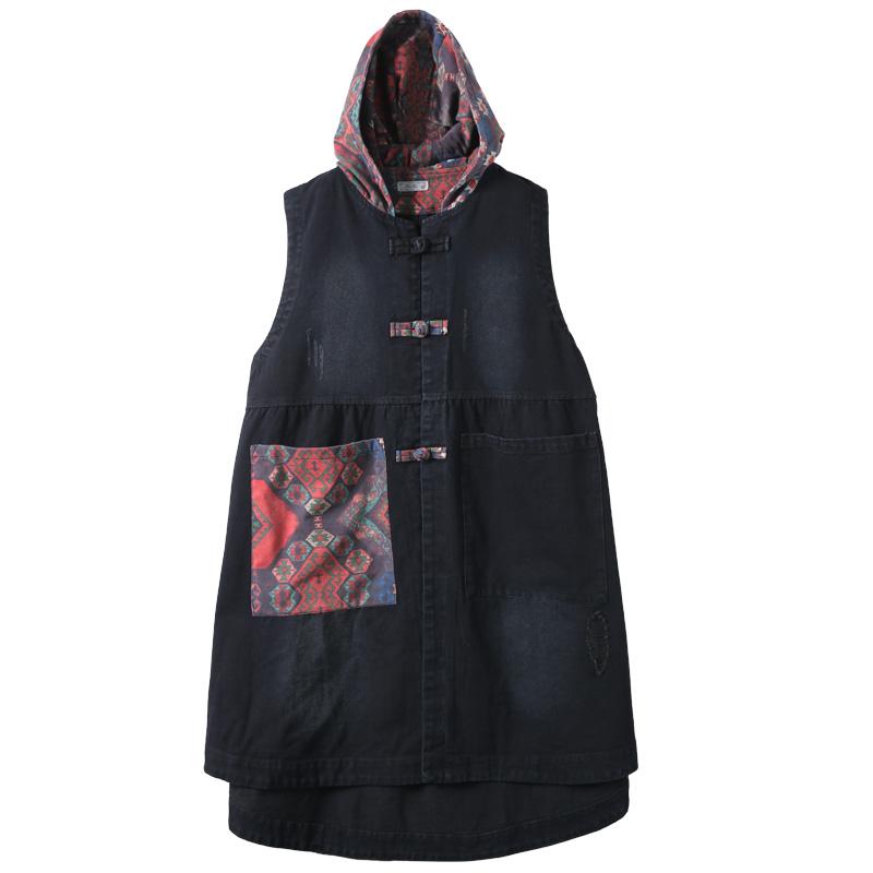 Buykud Patchwork Printed Casual Loose Hooded Coat