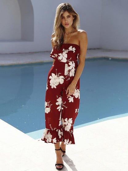 Pretty Floral Off Shoulder Falbala Wide Leg Long Jumpsuits