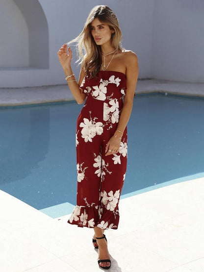 Pretty Floral Off Shoulder Falbala Wide Leg Long Jumpsuits