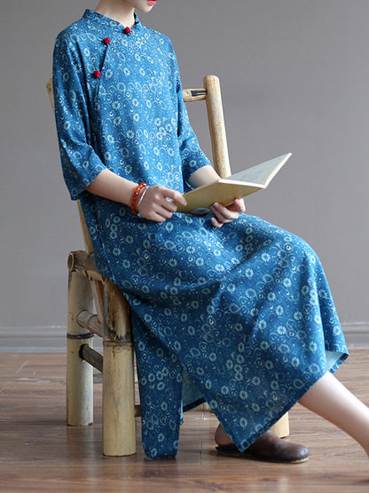 Original Solid Floral Stand Collar Midi Dress
