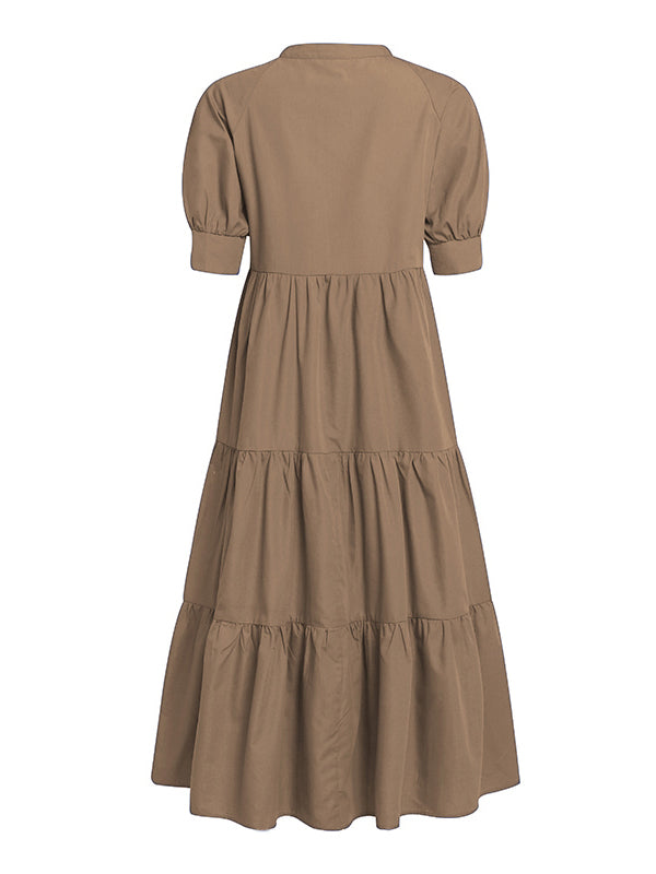 Original Solid Color Split-Joint Pleated Buttoned Stand Collar Half Puff Sleeves Midi Dress