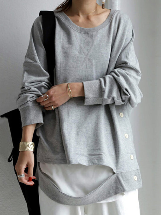 Casual Irregular Buttoned Solid Color Round-Neck Long Sleeves T-Shirt