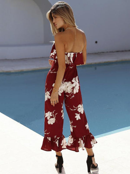 Pretty Floral Off Shoulder Falbala Wide Leg Long Jumpsuits