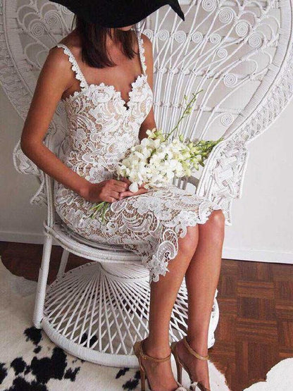 Beautiful Lace Thin Straps Sweet Heart Bodycon Midi Dress