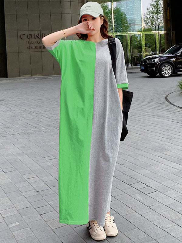 Casual Color Matching Round-Neck Long Sleeves Maxi Dress