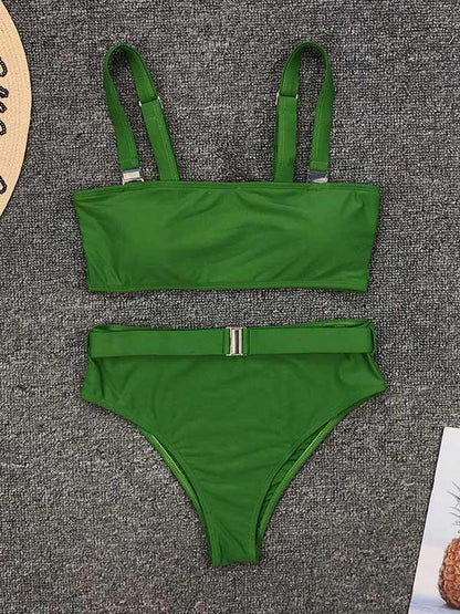 Solid Color Metal Buckle Bikini Swimsuit