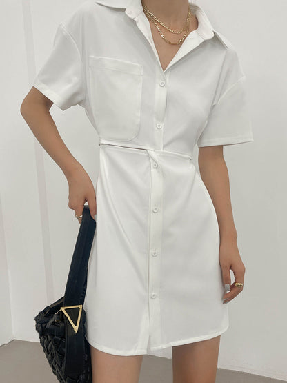 Original Solid Color Short Sleeve Lapel Shirt Dress