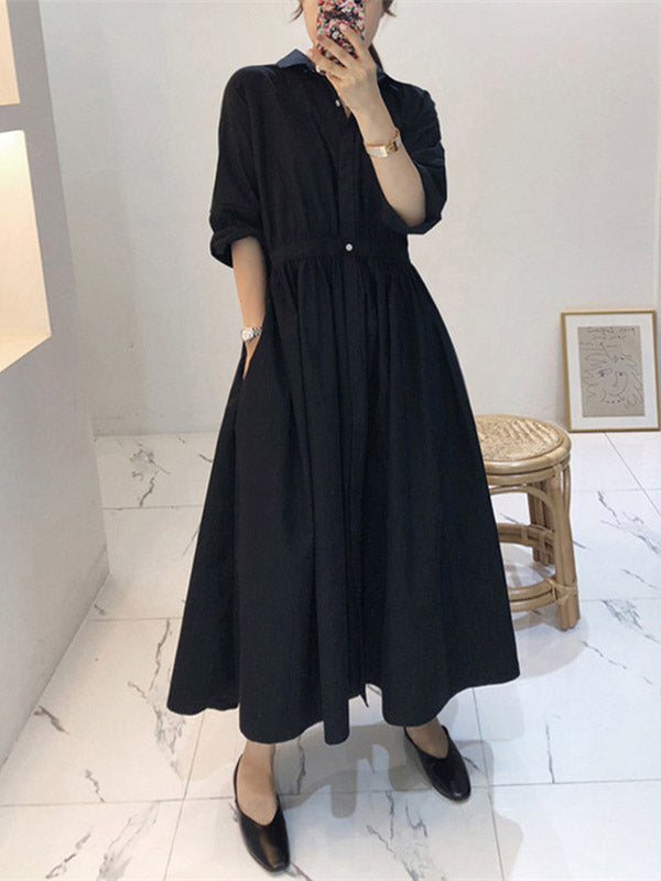 Casual Loose Solid Color Buttoned Pleated Lapel Collar Raglan Sleeves Midi Shirt Dress