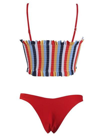 Striped Top Smocked Bikini Set