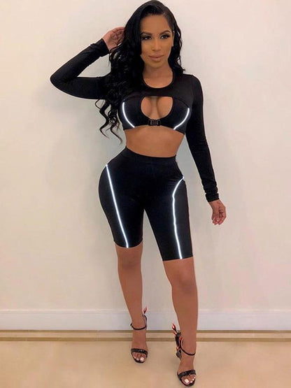 Hollow Cropped Buckle Tees And Shorts Suits