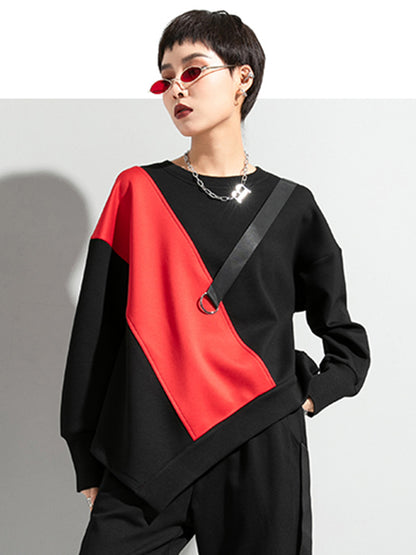 Stylish Black&Red Asymmetric Contrast Color Round-Neck Long Sleeves T-Shirt