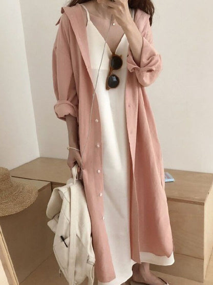 Simple Loose Casual Solid Color Buttoned Split-Side Lapel Collar Long Sleeves Midi Shirt Dress