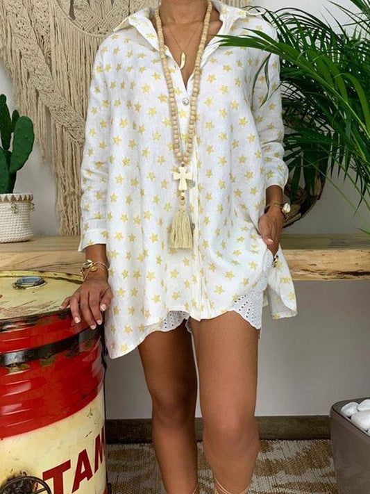 Lapel Star Printed Casual Blouses&Shirts Tops