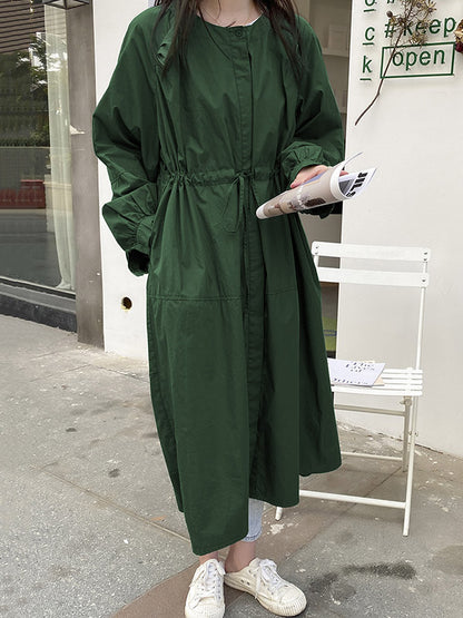Casual Loose Solid Color Pleated Buttoned Elasticity Drawstring Round-Neck Long Sleeves Outwear