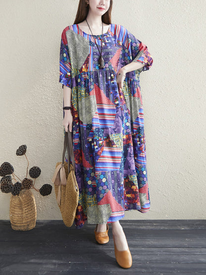 Loose Floral Printed Pleated Round-Neck Half Sleeves Midi Dress