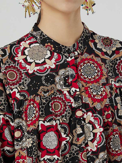 National Floral Printed Buttoned Pleated Stand Collar Long Sleeves Midi Dress