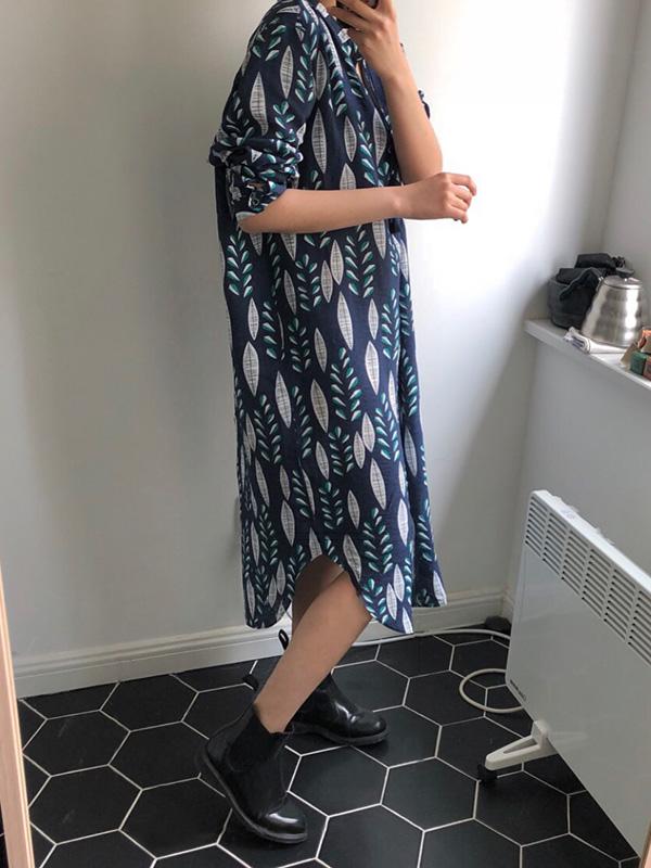 V-neck Leaf Pattern Loose Printed Midi Dresses