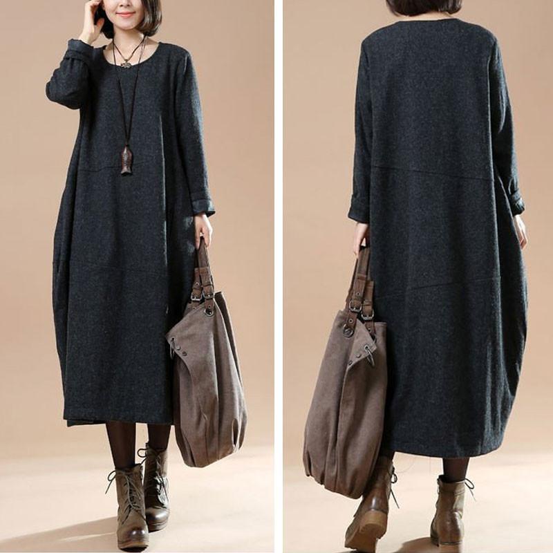 Autumn Large Size Women's Long Sleeve Wool Dark Gray Dress