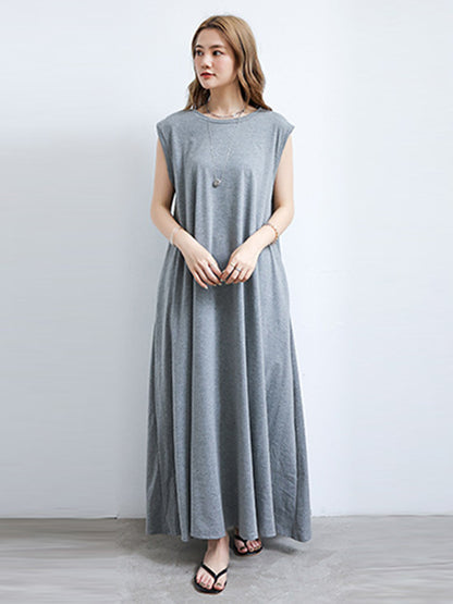 Simple Solid Color Oversized A-Line Round-Neck Cap Sleeves Maxi Dress