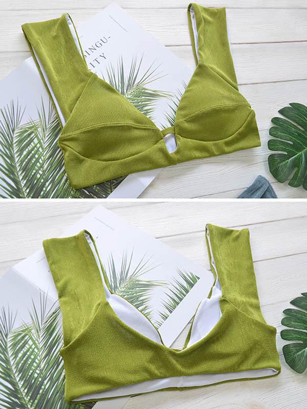 Solid Color Deep V-Neck Split Bikini Swimsuit