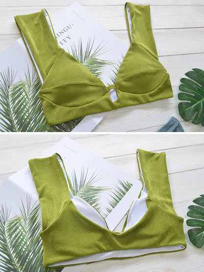 Solid Color Deep V-Neck Split Bikini Swimsuit