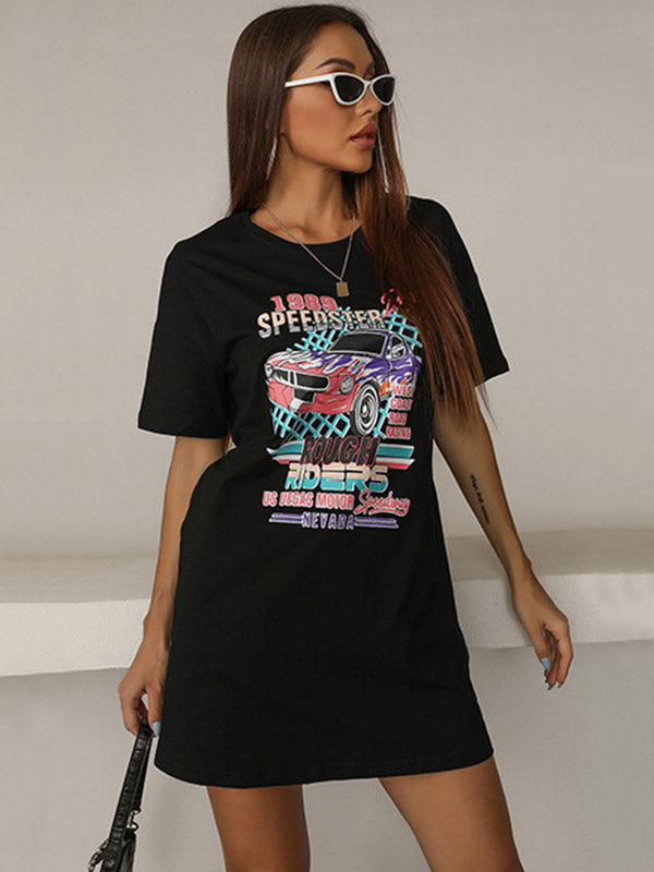 Casual Black Printed Round-Neck Short Sleeves T-Shirts