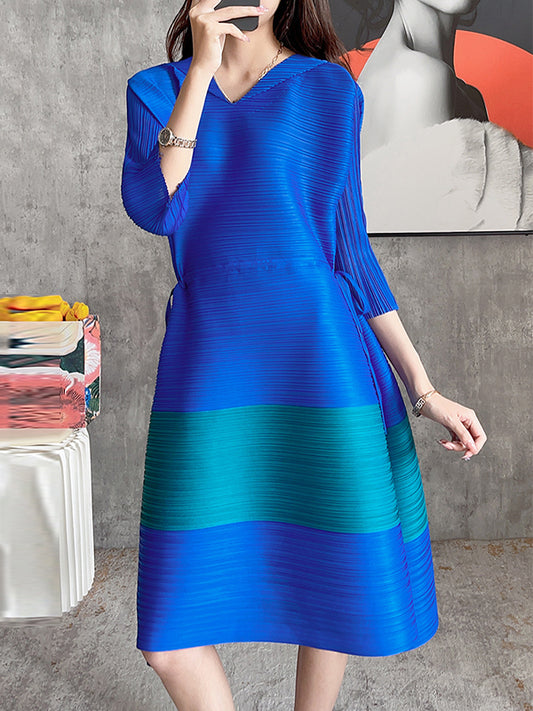 Fashion Irregular Contrast Color Pleated Drawstring Midi Dress