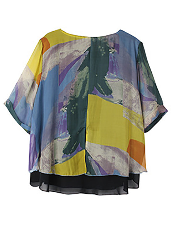 Original Silk Printed Contrast Color T-Shirt Top