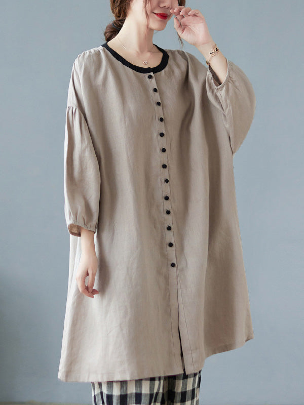 Causal Ramie Cotton Buttoned Round-Neck Long Sleeves Loose Midi Dress