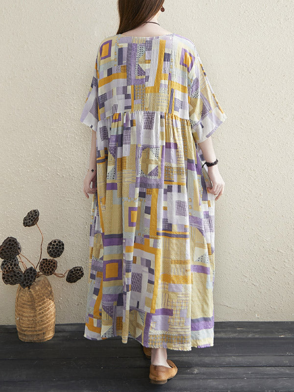 Artistic Retro Ramie Cotton Color-Block Pleated Round-Neck Half Sleeves Midi Dress