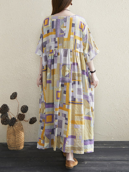 Artistic Retro Ramie Cotton Color-Block Pleated Round-Neck Half Sleeves Midi Dress