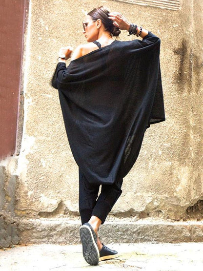 Loose Black Batwing Sleeves High-low T-shirt Tops