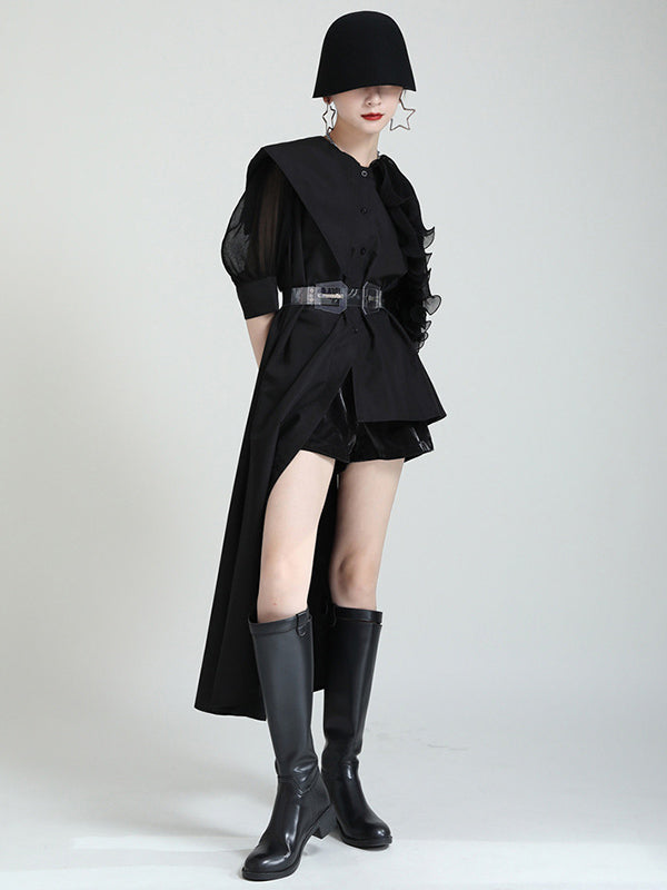 Stylish Irregular 4 Colors Split-Joint Pleated Mesh Falbala Buttoned Lapel Collar Bishop Sleeves Blouse