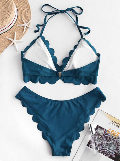 Solid Color Scalloped Bandage  Split Bikini Swimsuit