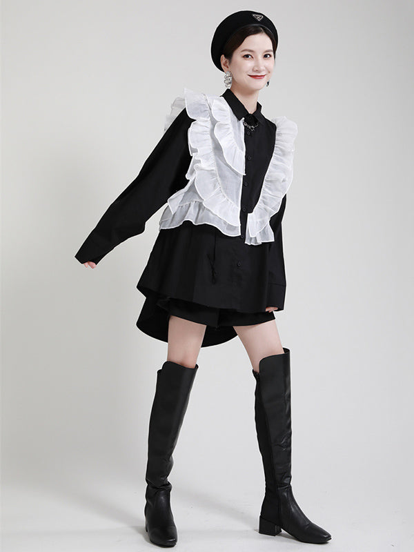 Stylish Irregular Contrast Color Split-Joint Falbala Mesh Drawstring Buttoned Lapel Collar Long Sleeves Blouse