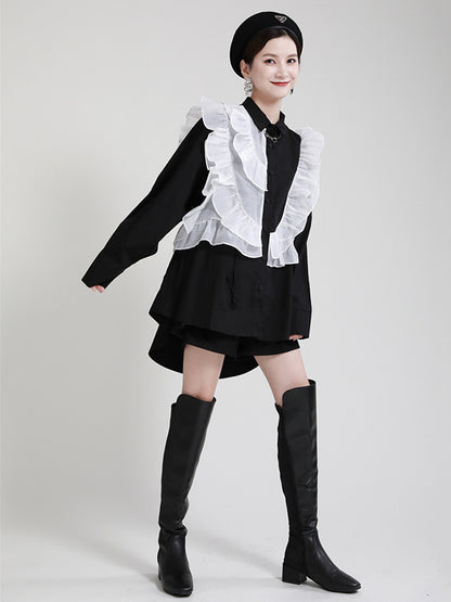 Stylish Irregular Contrast Color Split-Joint Falbala Mesh Drawstring Buttoned Lapel Collar Long Sleeves Blouse