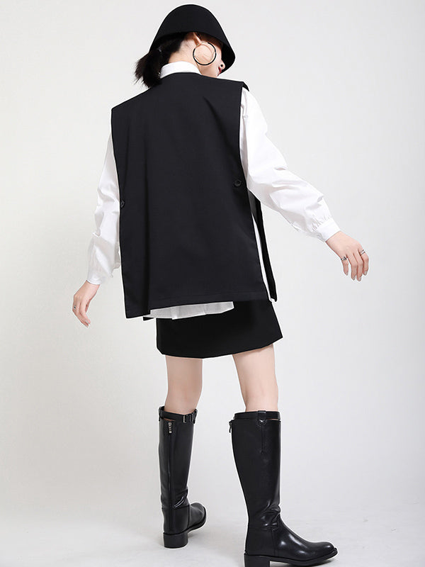 Stylish Urban Contrast Color Buttoned Lapel Collar Long Sleeves Blouse+Sleeveless Vest Outwear