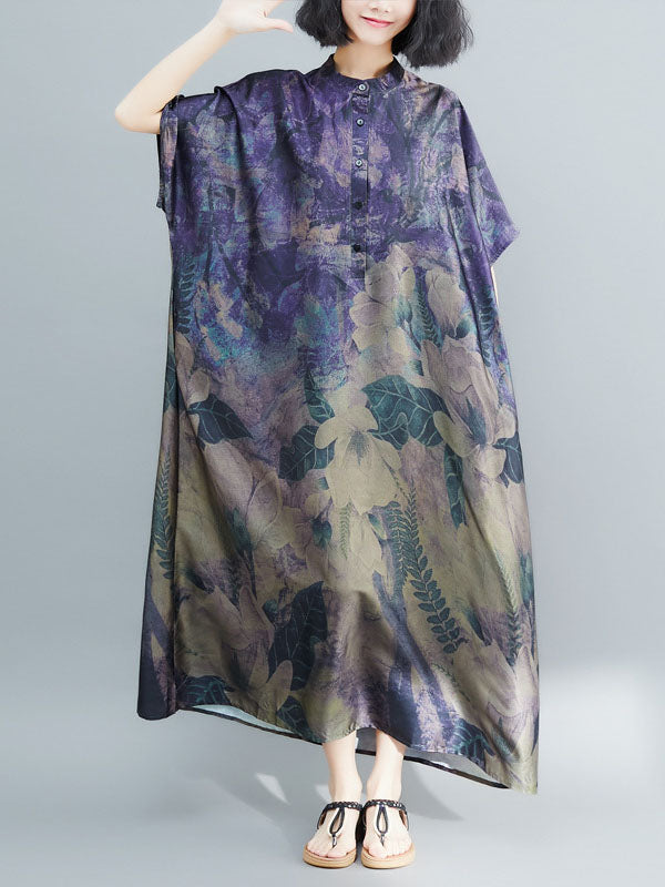Vintage Loose Printed Stand Collar Batwing Sleeves Maxi Dress