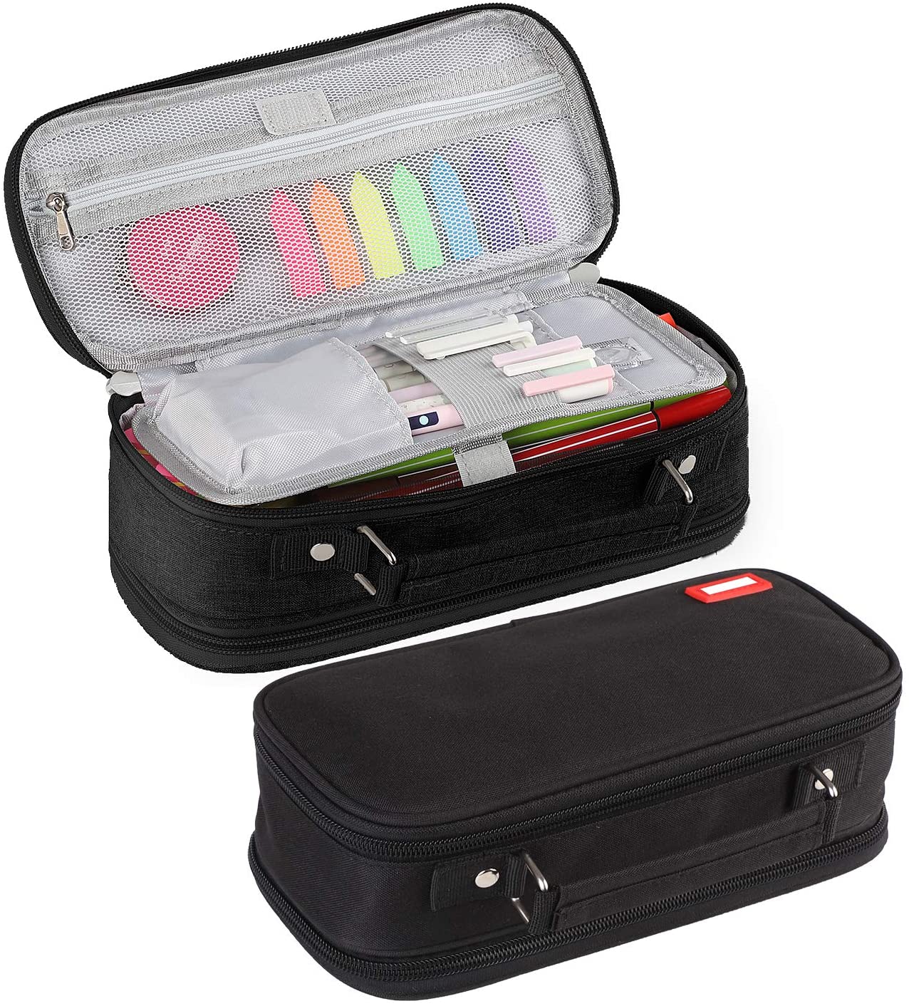 Pencil Pen Case Big Capacity, Multipurpose Foldable Storage Pencil Pouch with 4 Metal Zippers, Bag Holder for School Office Supplies, Cosmetics Travel Accessories (Black)